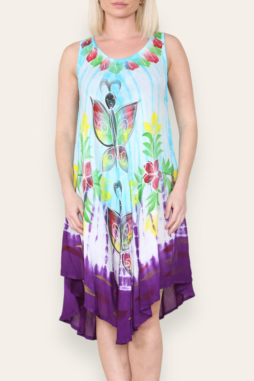 BUTTERFLY FLORAL PRINT SLEEVELESS UMBRELLA DRESS TURQUOISE
