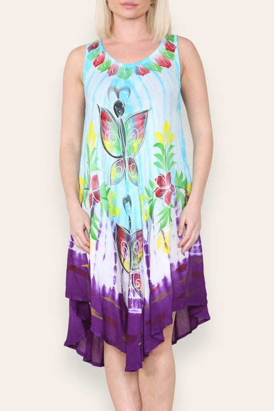 BUTTERFLY FLORAL PRINT SLEEVELESS UMBRELLA DRESS TURQUOISE