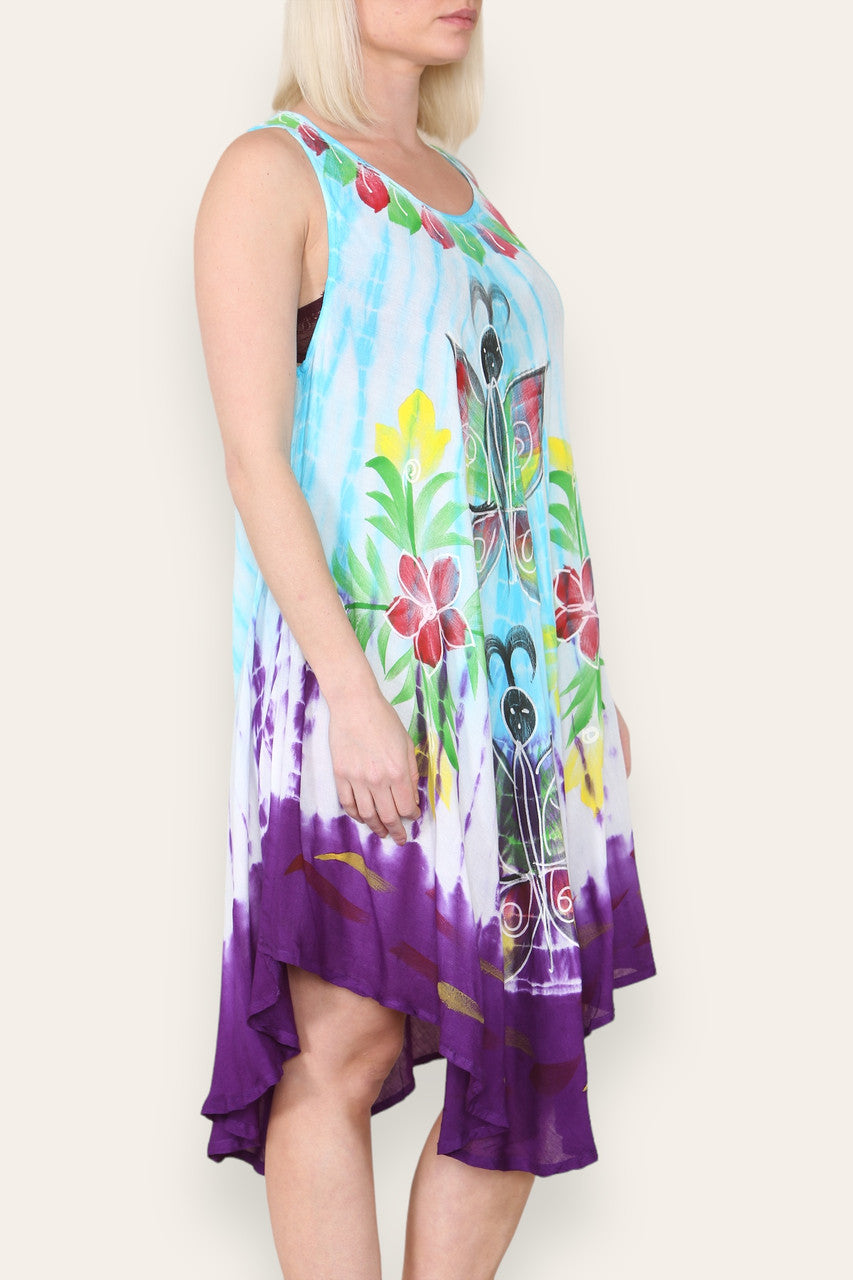 BUTTERFLY FLORAL PRINT SLEEVELESS UMBRELLA DRESS TURQUOISE