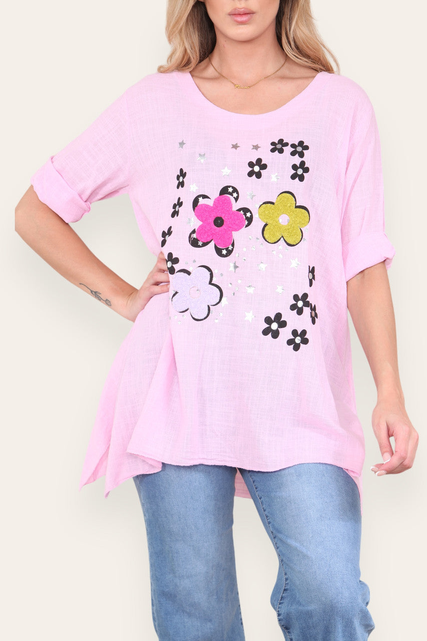 FLORAL STAMP PATCHWORK PRINT TOP DUSTY PINK