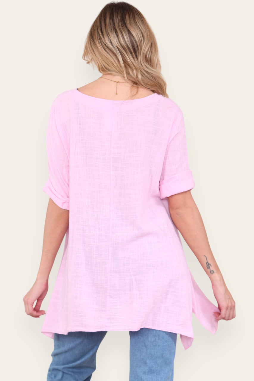 FLORAL STAMP PATCHWORK PRINT TOP DUSTY PINK