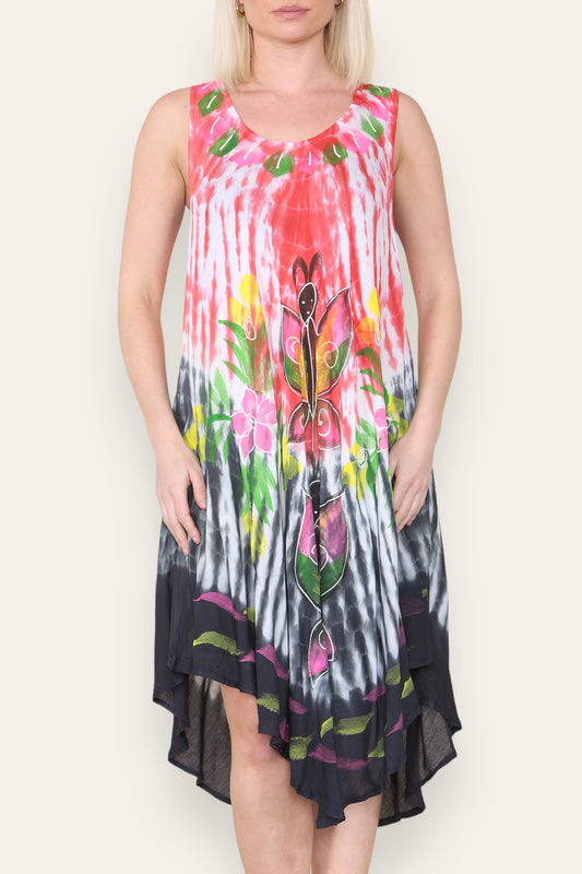 BUTTERFLY FLORAL PRINT SLEEVELESS UMBRELLA DRESS RED