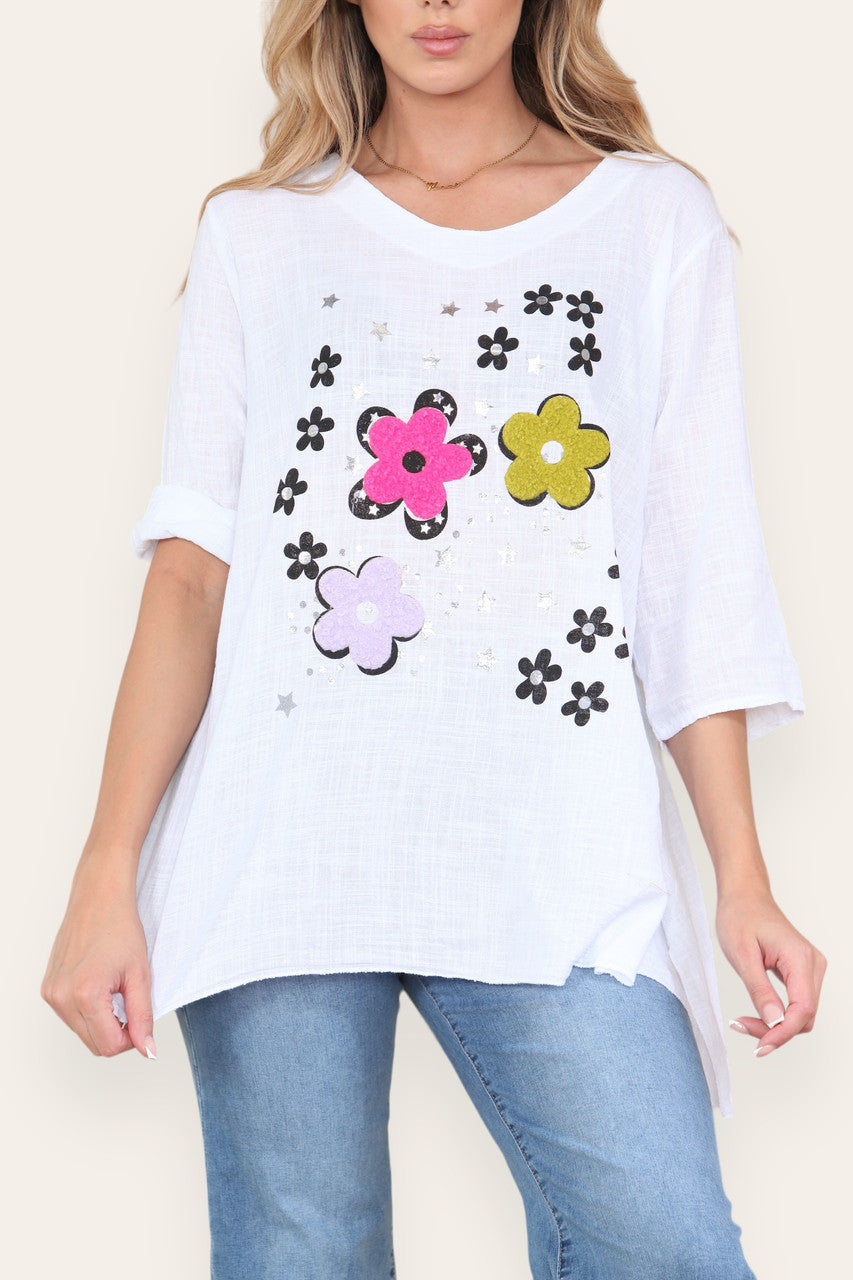 FLORAL STAMP PATCHWORK PRINT TOP WHITE