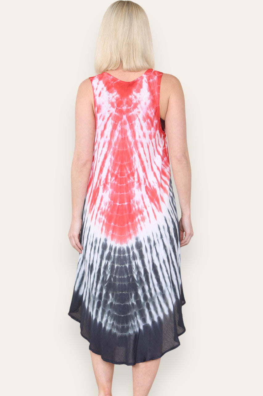 BUTTERFLY FLORAL PRINT SLEEVELESS UMBRELLA DRESS RED