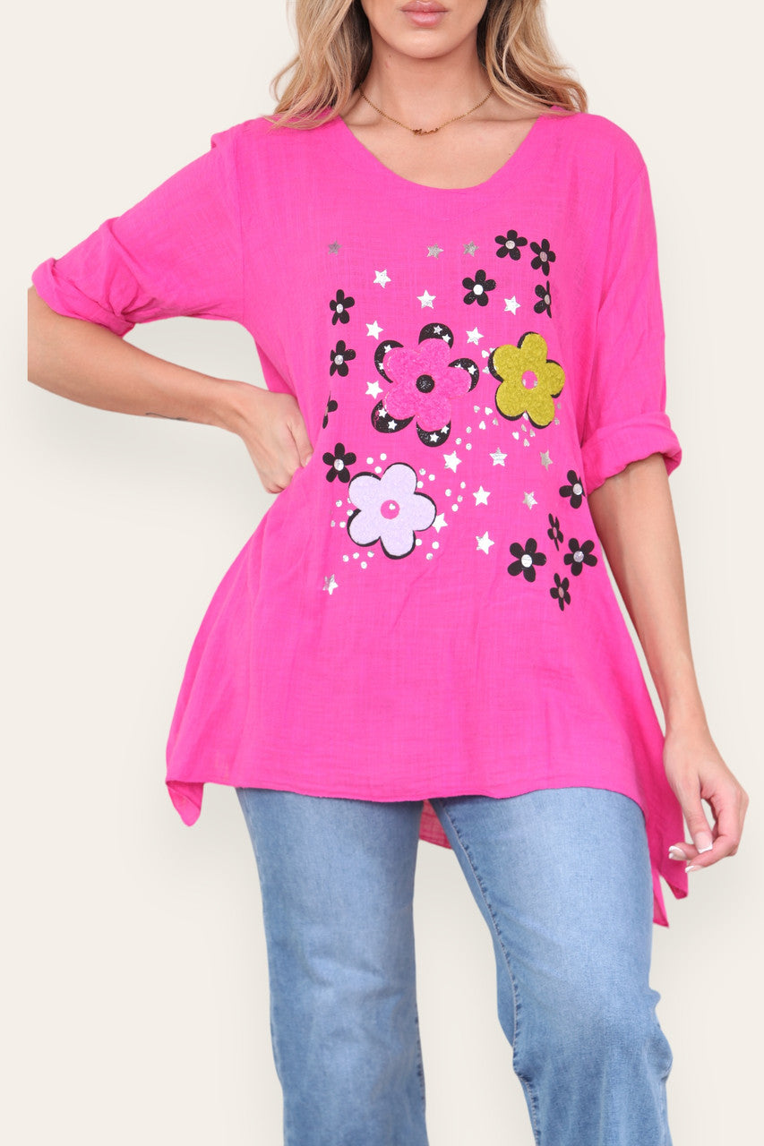 FLORAL STAMP PATCHWORK PRINT TOP CERISE