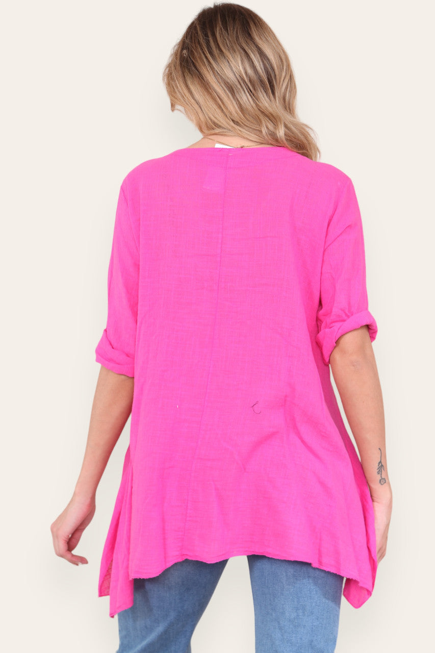 FLORAL STAMP PATCHWORK PRINT TOP CERISE