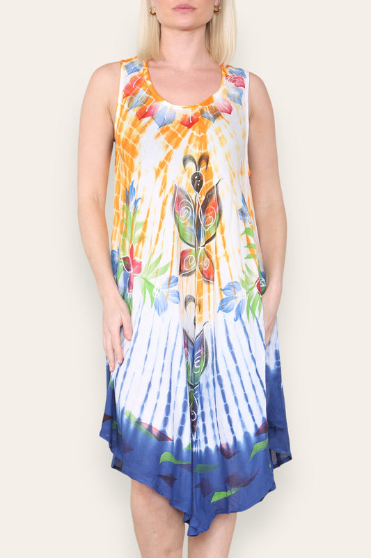 BUTTERFLY FLORAL PRINT SLEEVELESS UMBRELLA DRESS ORANGE