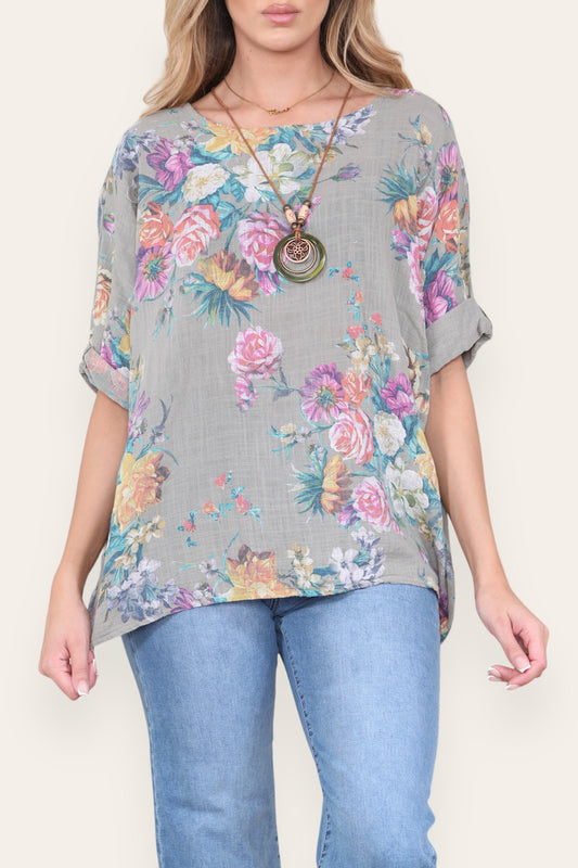 FLORAL MIX PRINT TOP TAUPE