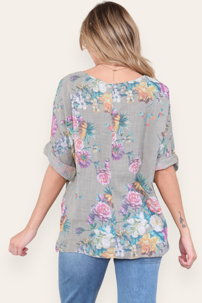 FLORAL MIX PRINT TOP TAUPE