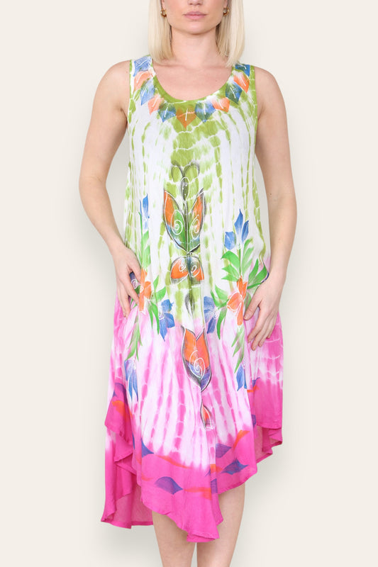 BUTTERFLY FLORAL PRINT SLEEVELESS UMBRELLA DRESS LIME