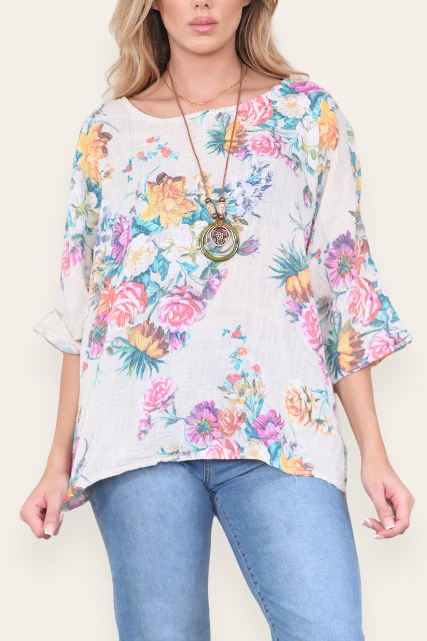 FLORAL MIX PRINT TOP STONE