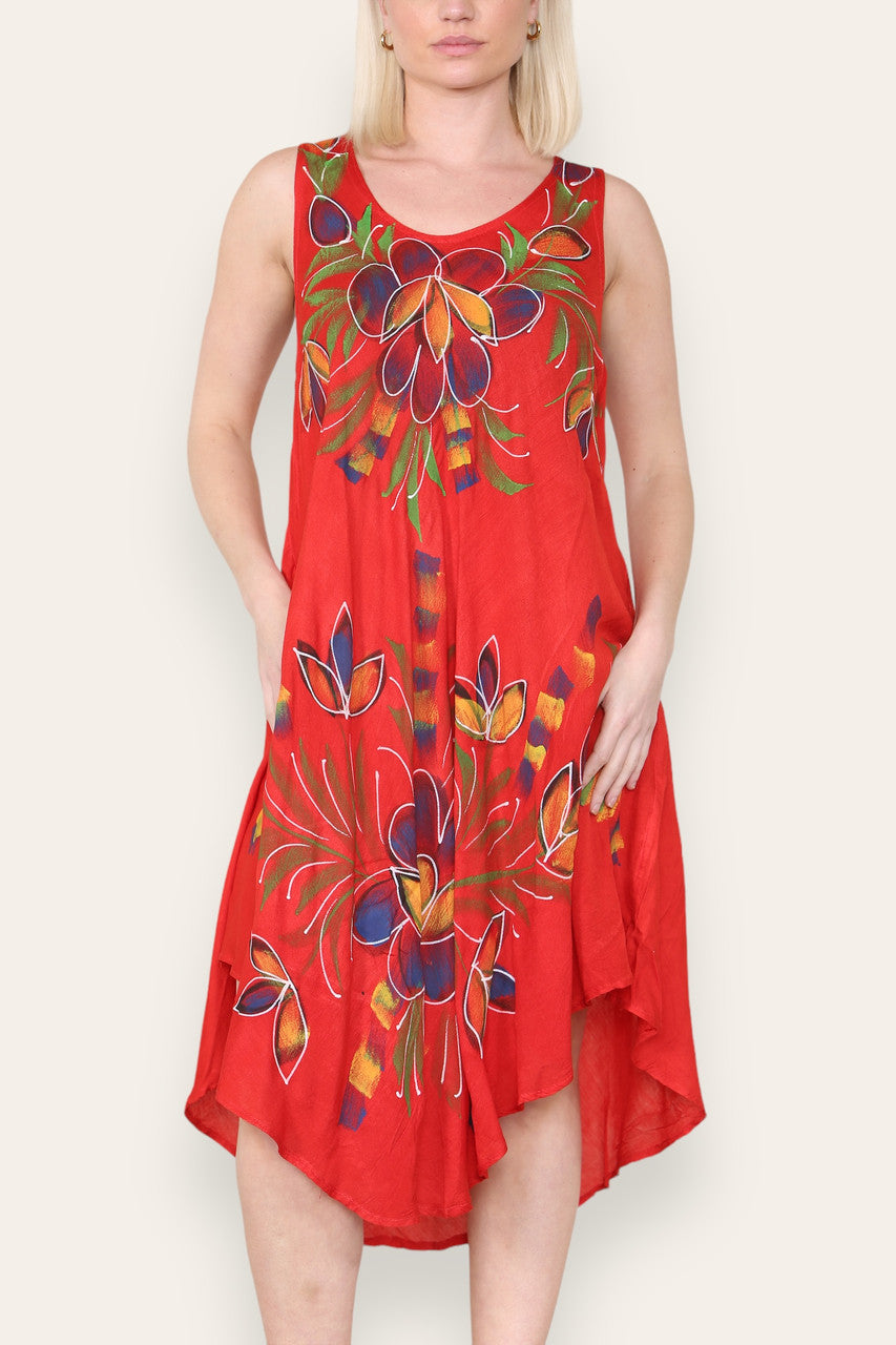 FLORAL LEAF PRINT SLEEVELESS UMBRELLA DRESS RED