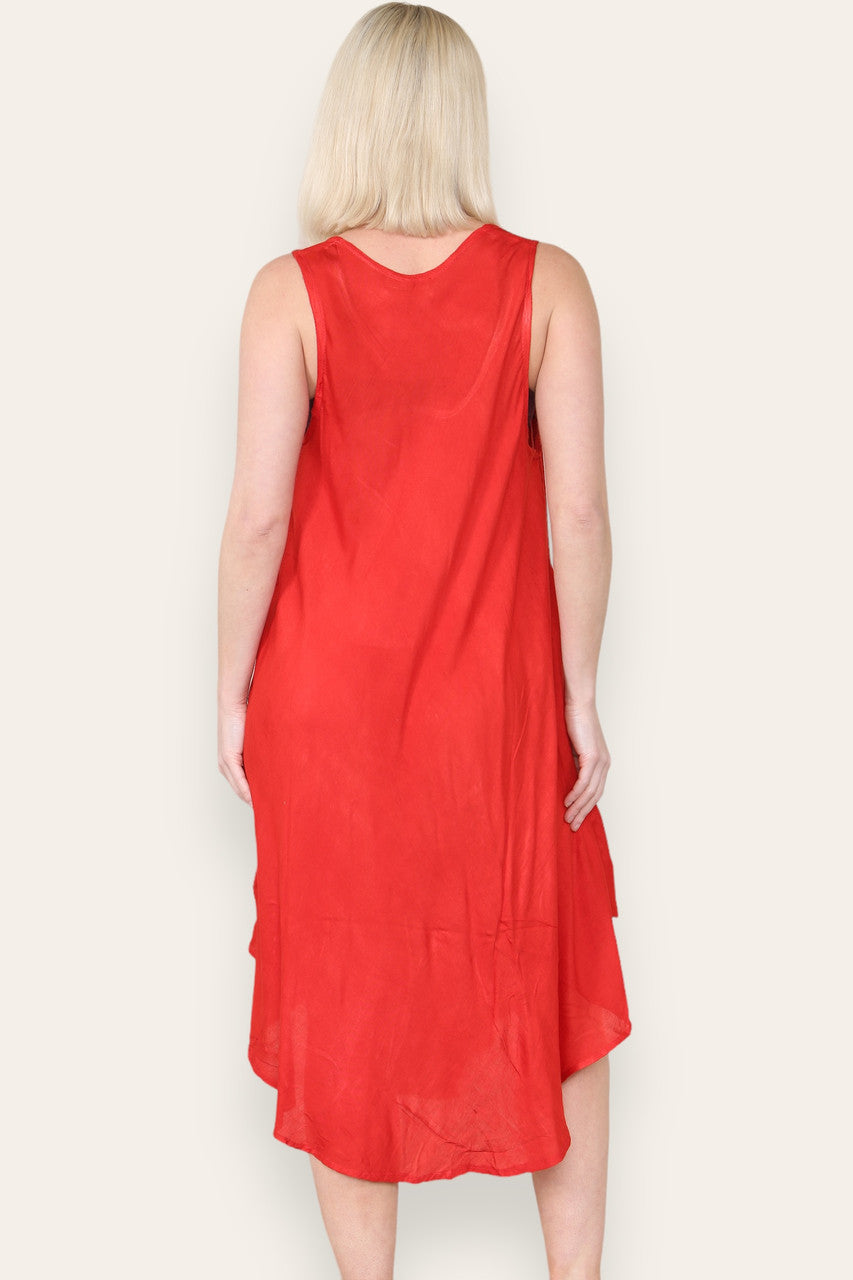 FLORAL LEAF PRINT SLEEVELESS UMBRELLA DRESS RED