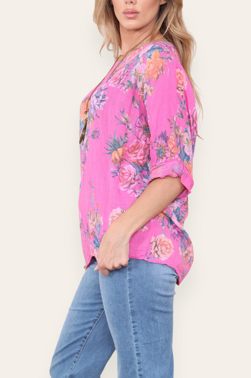 FLORAL MIX PRINT TOP CERISE