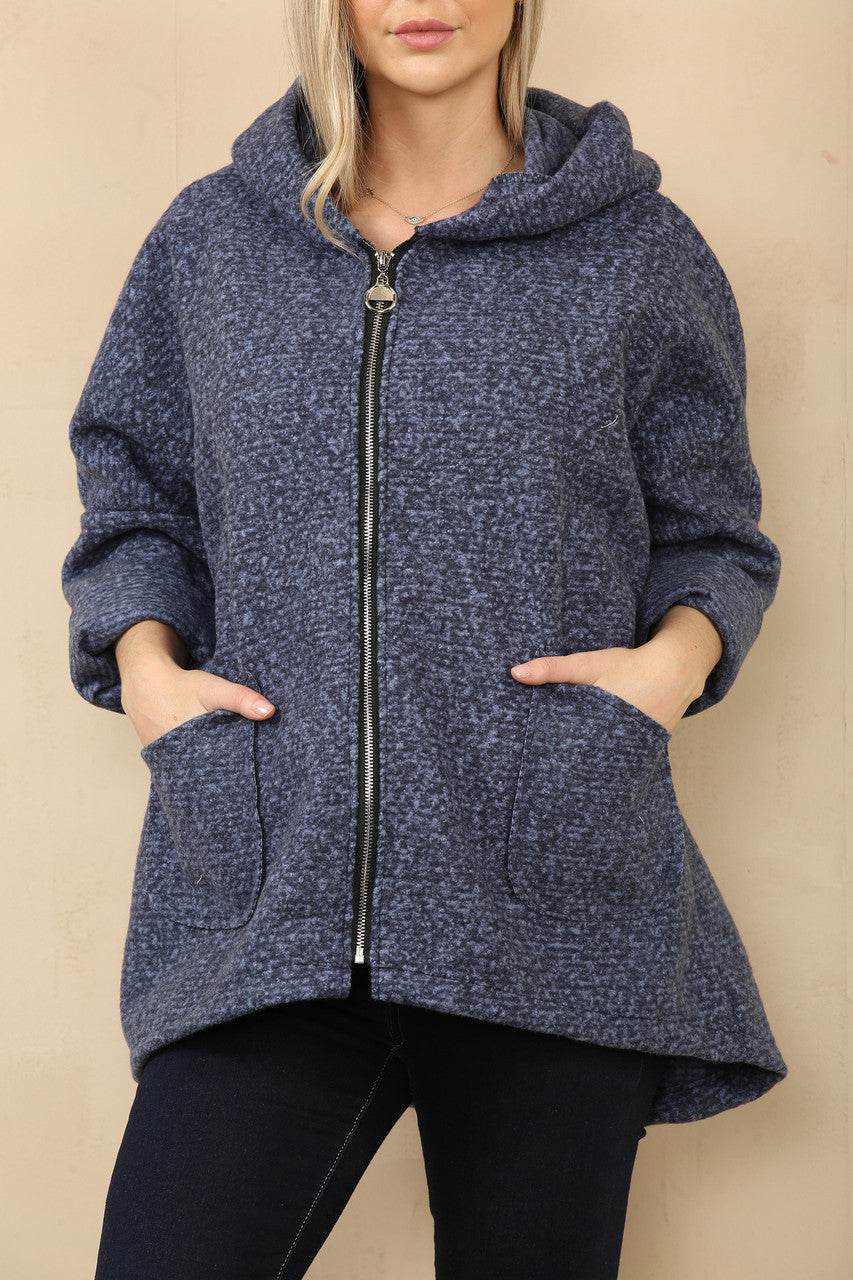 JAS MET CAPUCHON, VAN ZACHTE WOLMIX, MET RITS, GEMÊLEERD DENIM