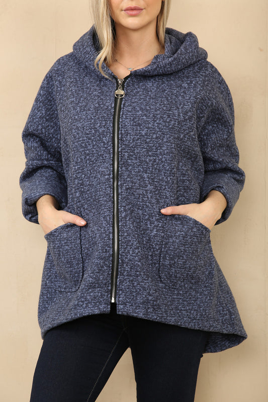 JAS MET CAPUCHON, VAN ZACHTE WOLMIX, MET RITS, GEMÊLEERD DENIM