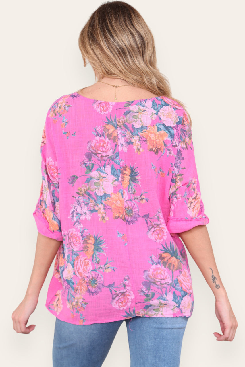 FLORAL MIX PRINT TOP CERISE