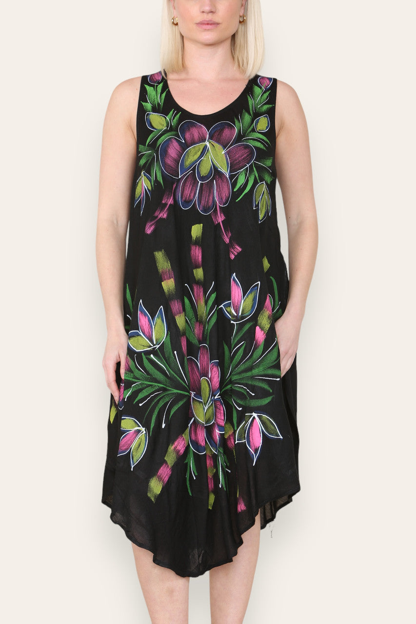 FLORAL LEAF PRINT SLEEVELESS UMBRELLA DRESS BLACK
