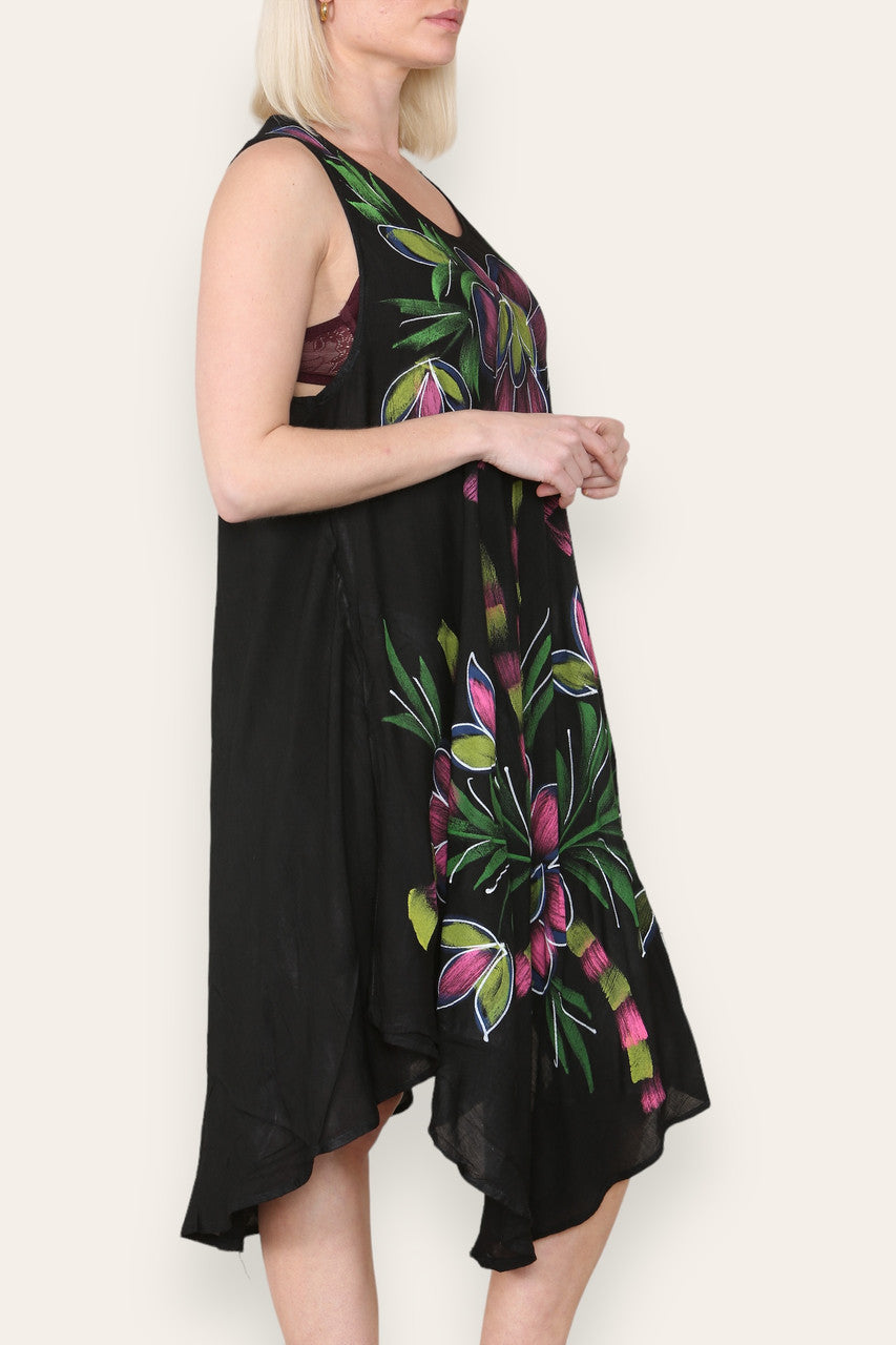 FLORAL LEAF PRINT SLEEVELESS UMBRELLA DRESS BLACK
