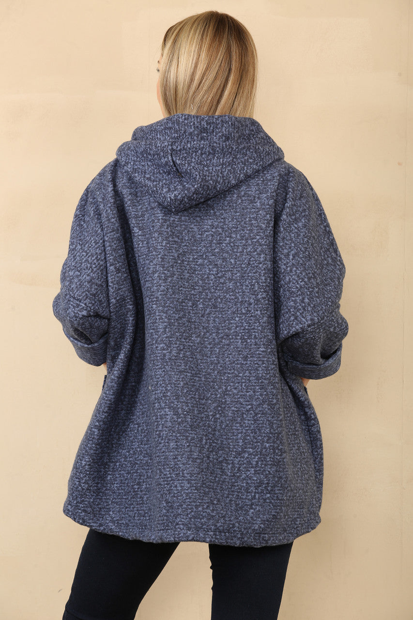 JAS MET CAPUCHON, VAN ZACHTE WOLMIX, MET RITS, GEMÊLEERD DENIM