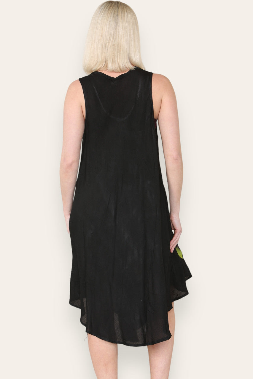 FLORAL LEAF PRINT SLEEVELESS UMBRELLA DRESS BLACK