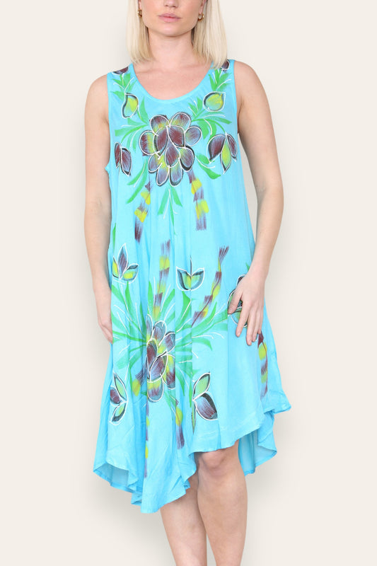 FLORAL LEAF PRINT SLEEVELESS UMBRELLA DRESS TURQUOISE