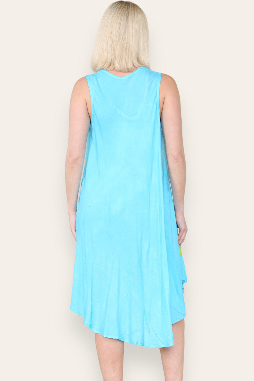 FLORAL LEAF PRINT SLEEVELESS UMBRELLA DRESS TURQUOISE