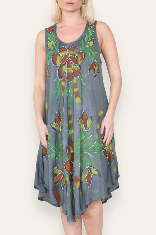 FLORAL LEAF PRINT SLEEVELESS UMBRELLA DRESS CHARCOAL