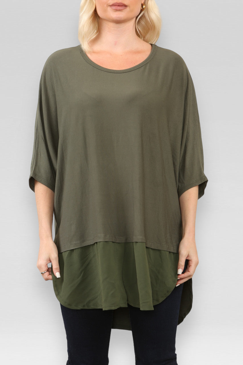 SHEER SLIT HEM TOP  KHAKI