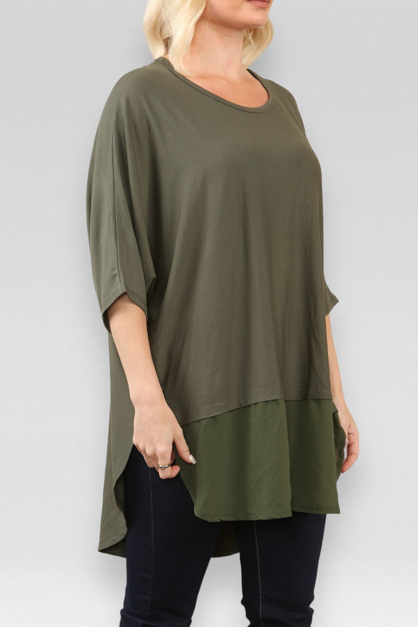 SHEER SLIT HEM TOP  KHAKI