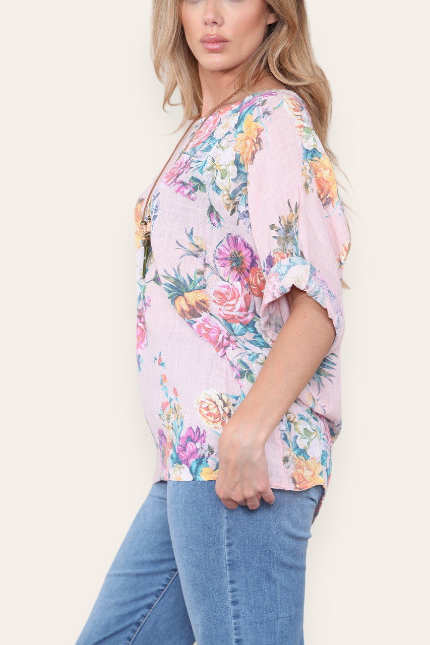FLORAL MIX PRINT TOP DUSTY PINK