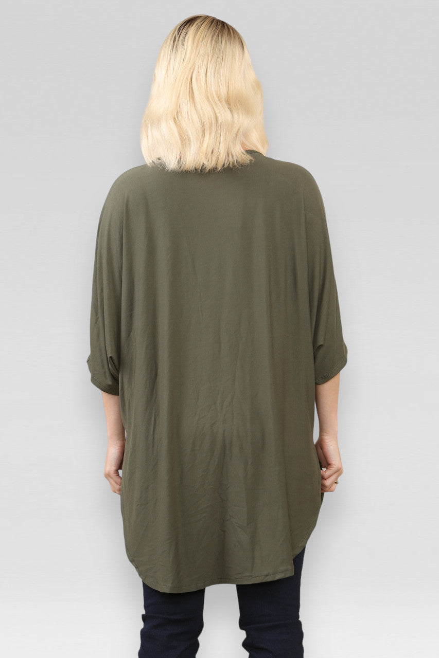 SHEER SLIT HEM TOP  KHAKI
