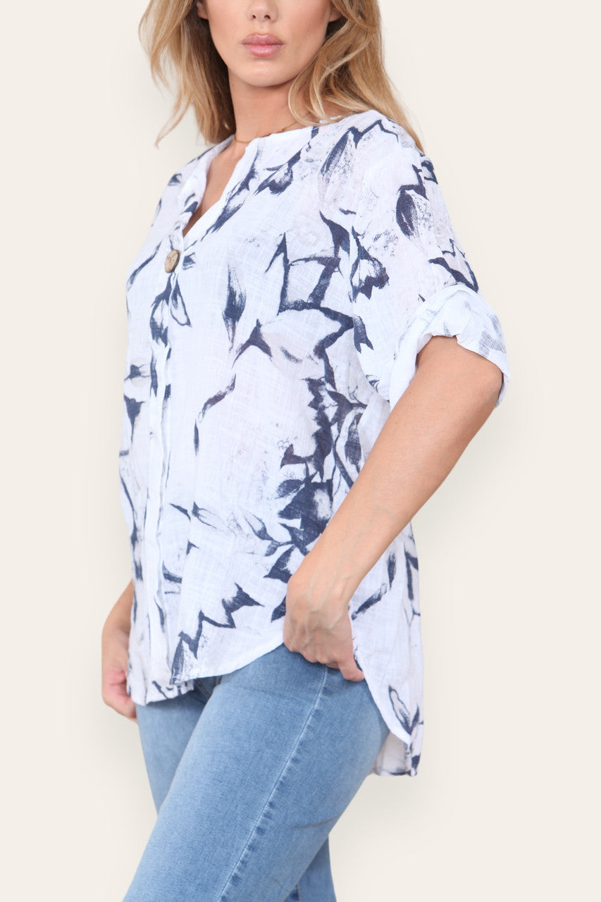 ABSTRACT FLORAL PRINT GRANDAD COLLAR BUTTON FRONT TOP WHITE