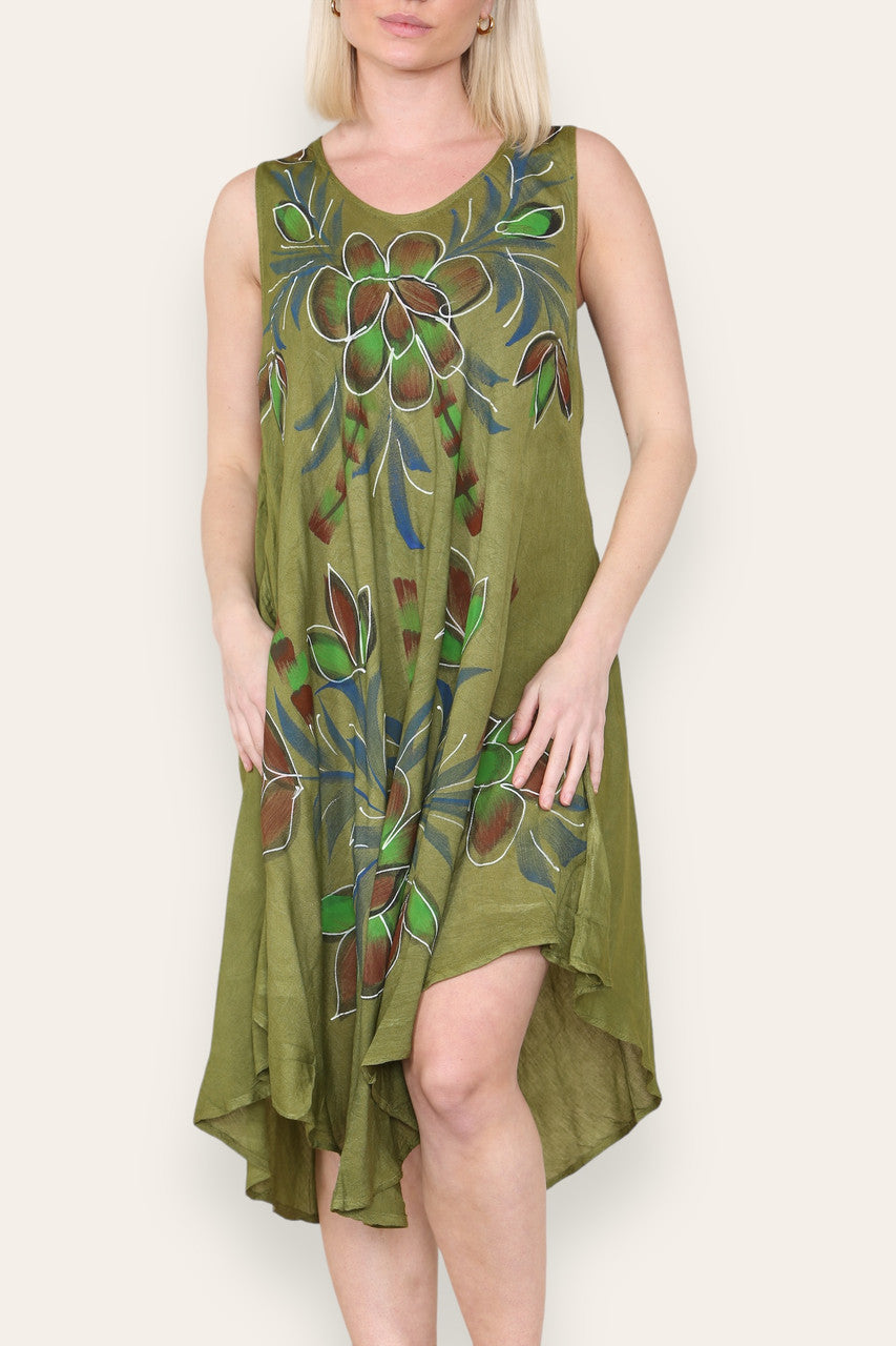 FLORAL LEAF PRINT SLEEVELESS UMBRELLA DRESS KHAKI