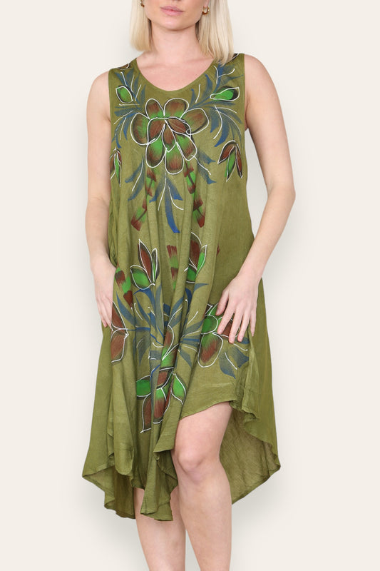 FLORAL LEAF PRINT SLEEVELESS UMBRELLA DRESS KHAKI