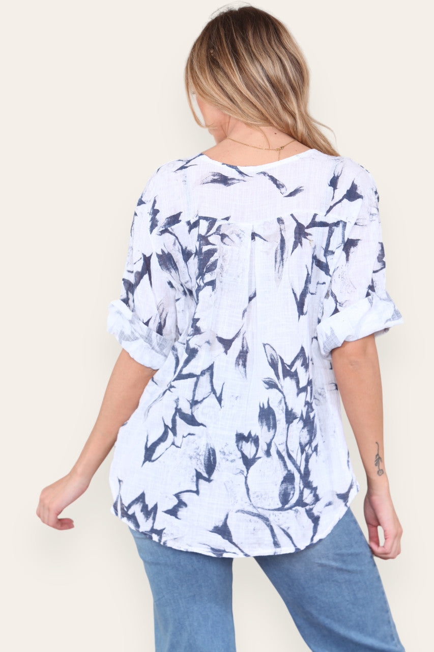 ABSTRACT FLORAL PRINT GRANDAD COLLAR BUTTON FRONT TOP WHITE