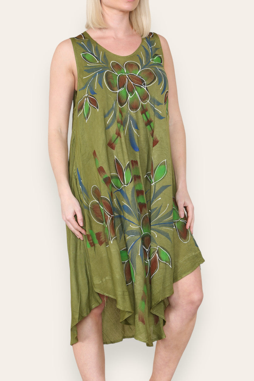 FLORAL LEAF PRINT SLEEVELESS UMBRELLA DRESS KHAKI
