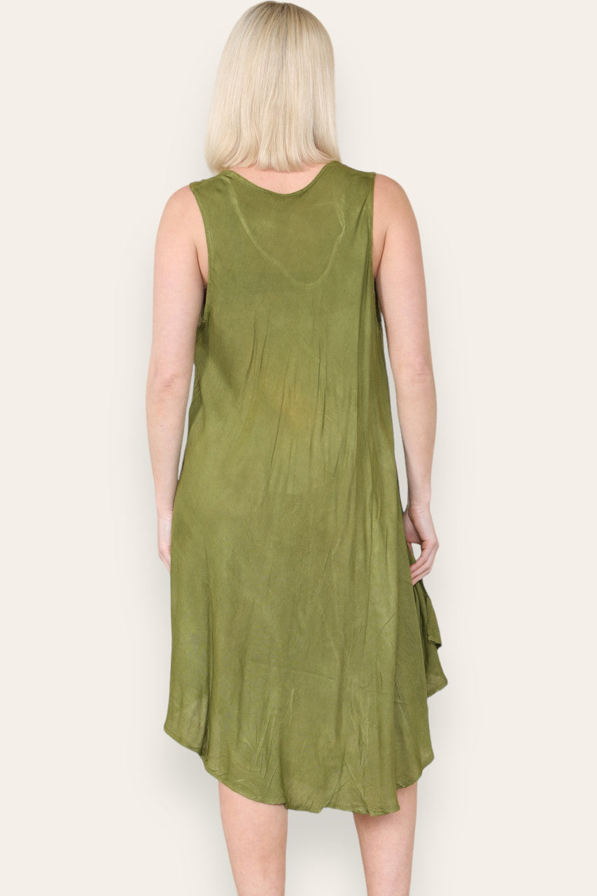 FLORAL LEAF PRINT SLEEVELESS UMBRELLA DRESS KHAKI