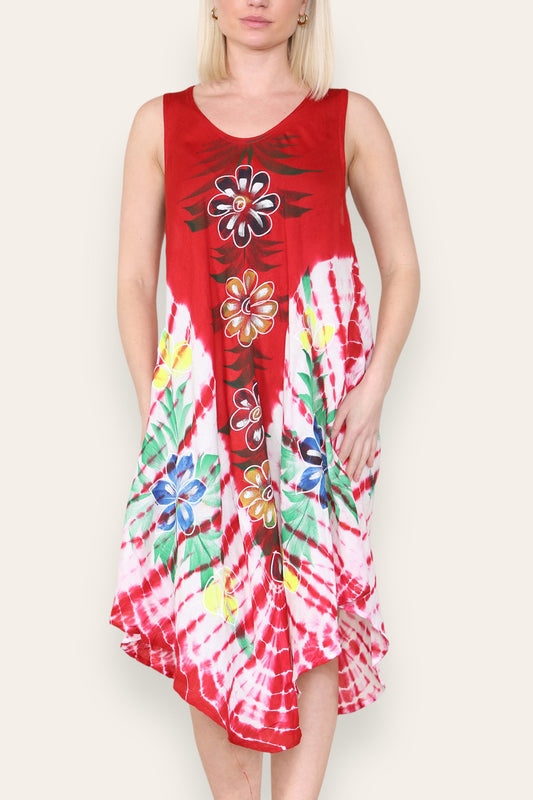 FLORAL PRINT SLEEVELESS UMBRELLA DRESS RED