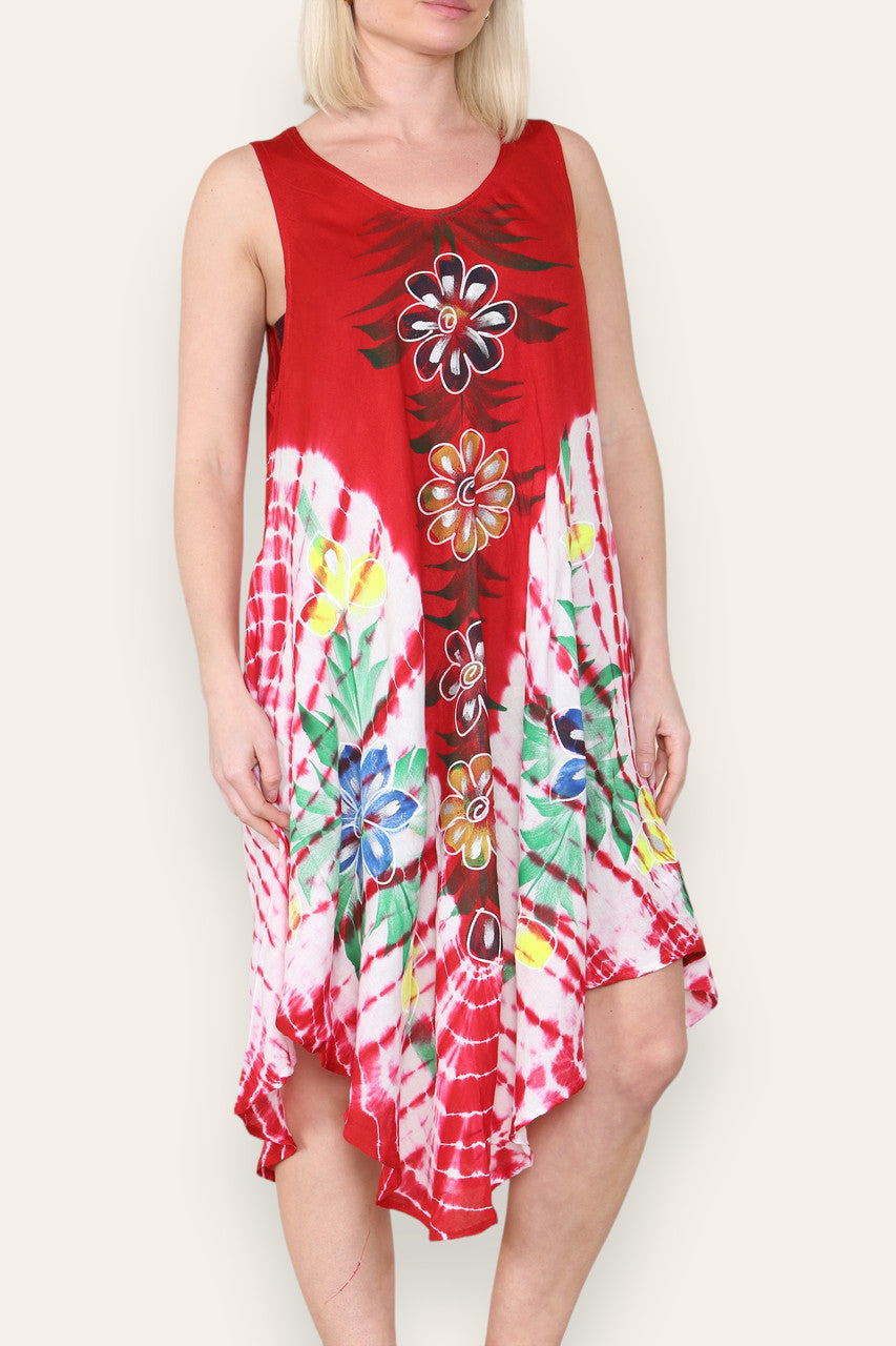 FLORAL PRINT SLEEVELESS UMBRELLA DRESS RED