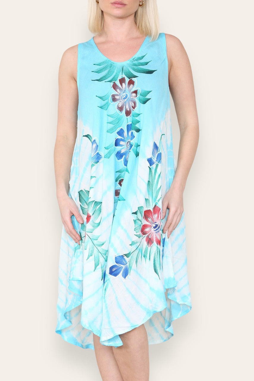 FLORAL PRINT SLEEVELESS UMBRELLA DRESS TURQUOISE