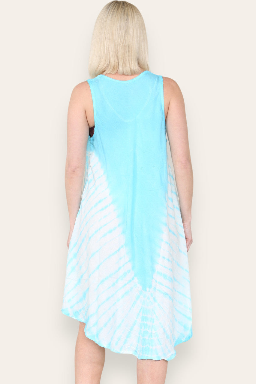 FLORAL PRINT SLEEVELESS UMBRELLA DRESS TURQUOISE