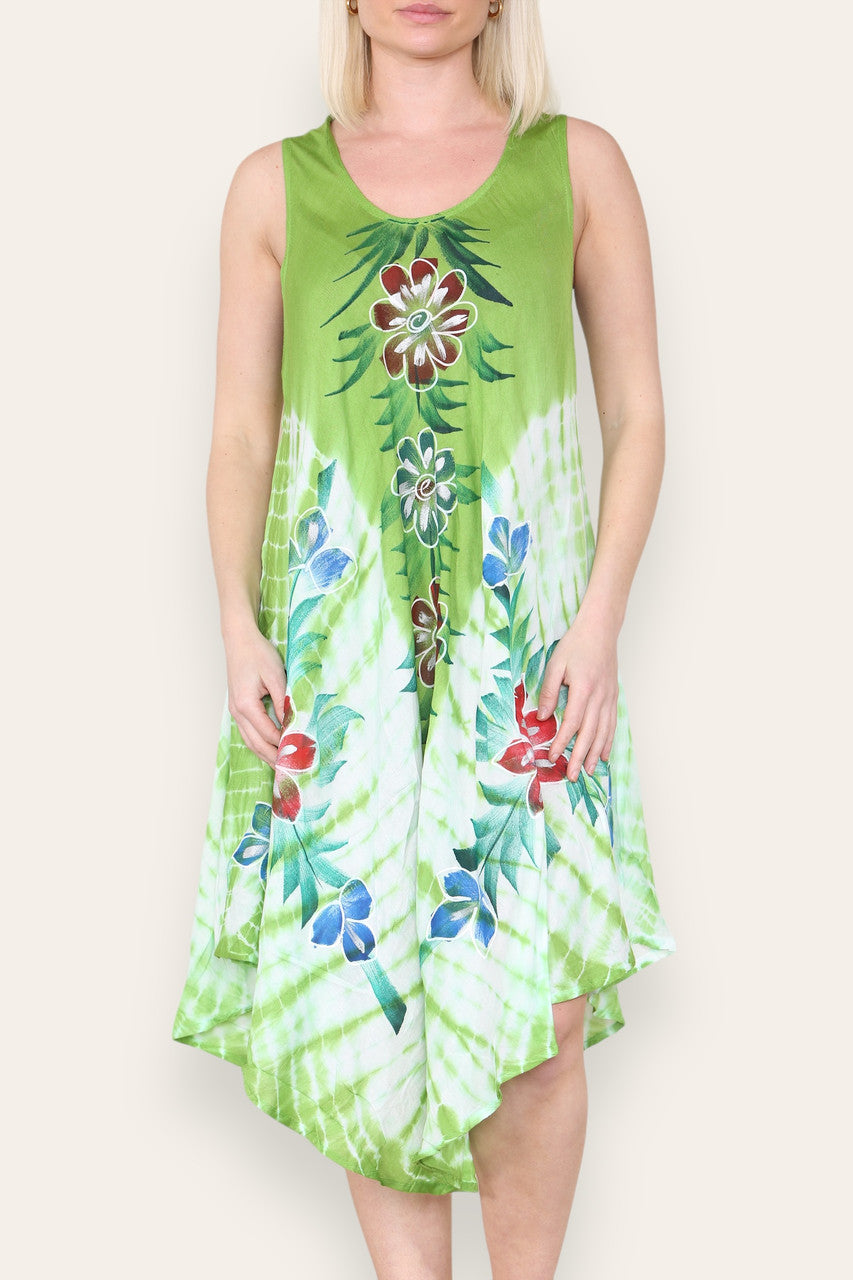 FLORAL PRINT SLEEVELESS UMBRELLA DRESS LIME