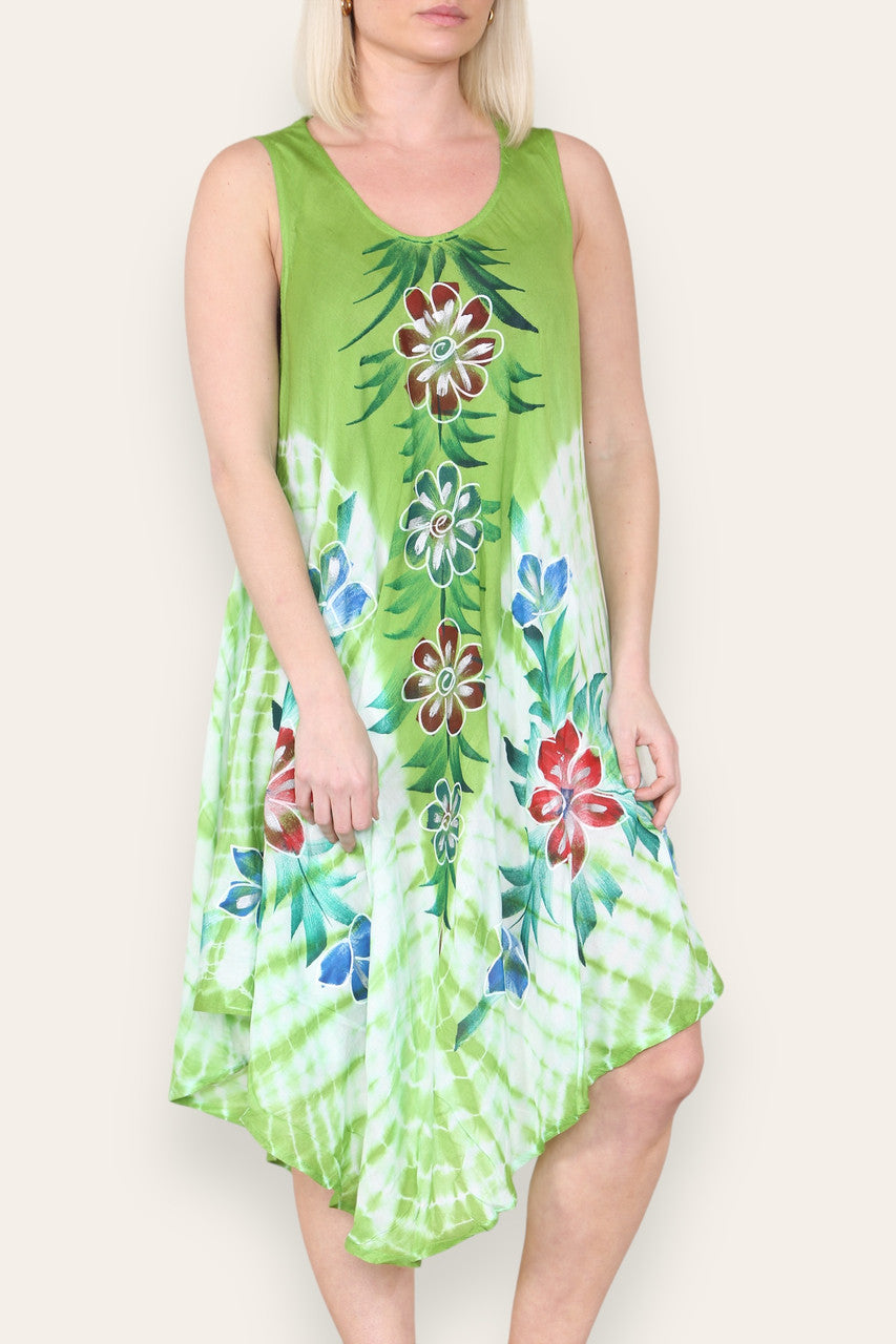 FLORAL PRINT SLEEVELESS UMBRELLA DRESS LIME