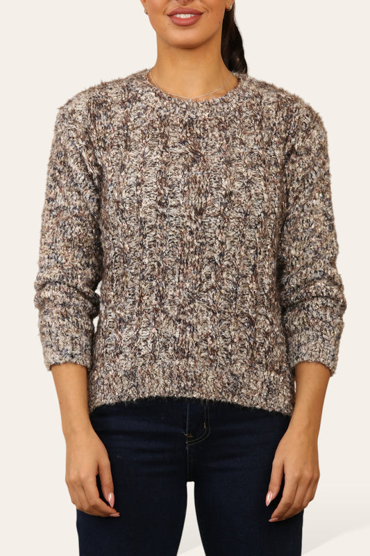 COLOUR FLECK KNITTED SOFT FLUFFY JUMPER BROWN
