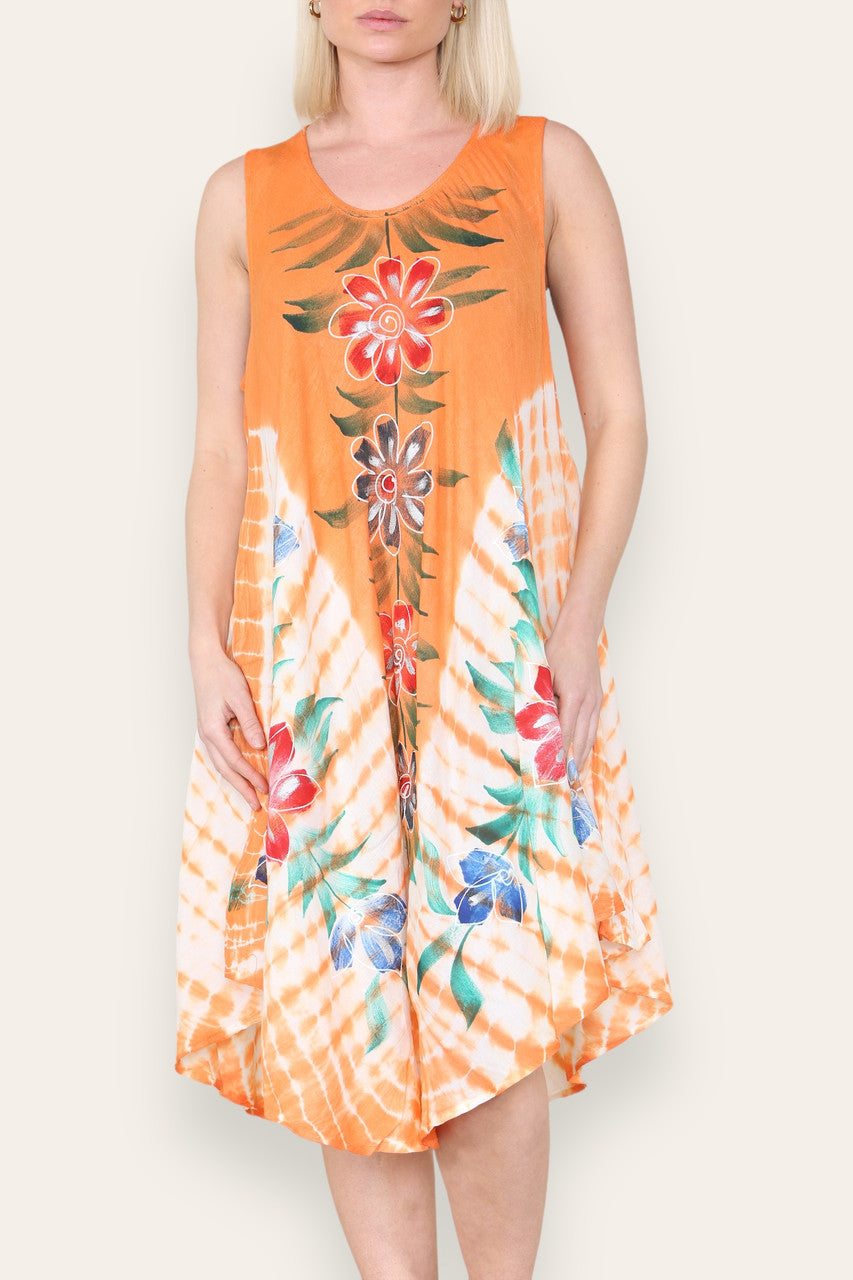 FLORAL PRINT SLEEVELESS UMBRELLA DRESS ORANGE