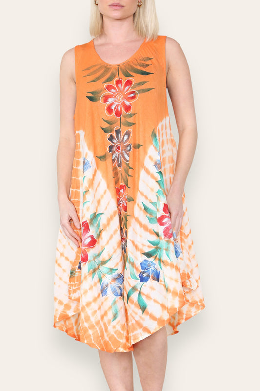 FLORAL PRINT SLEEVELESS UMBRELLA DRESS ORANGE