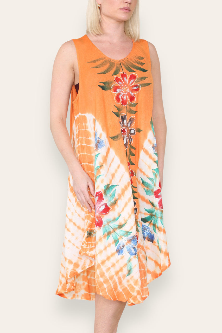 FLORAL PRINT SLEEVELESS UMBRELLA DRESS ORANGE