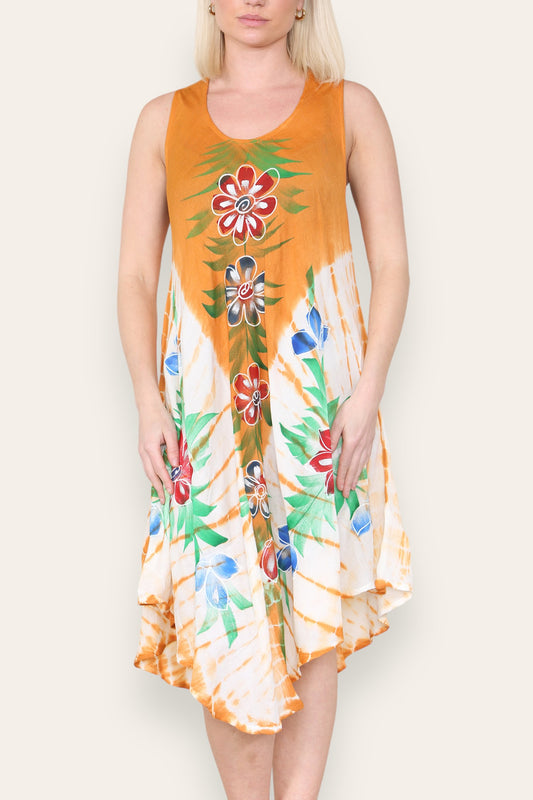 FLORAL PRINT SLEEVELESS UMBRELLA DRESS MANDARIN