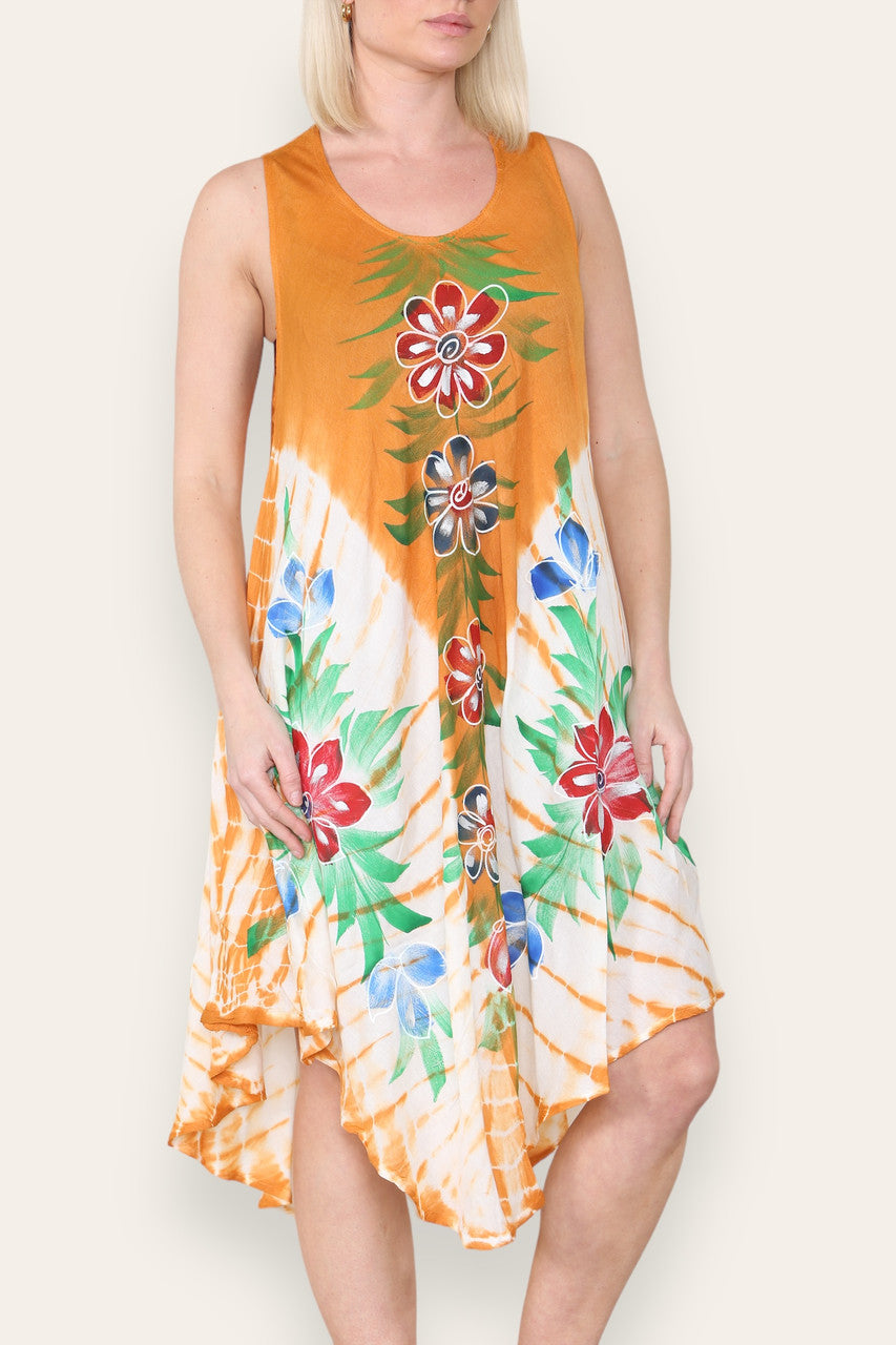 FLORAL PRINT SLEEVELESS UMBRELLA DRESS MANDARIN